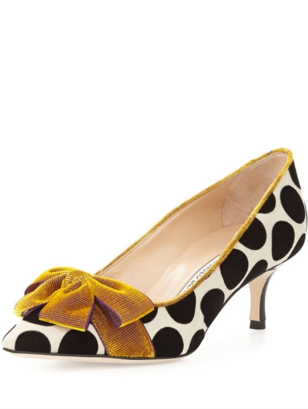 Manolo Blahnik Black, Cream Gorina Velvet Polka Dot  Heels Pumps with Bow